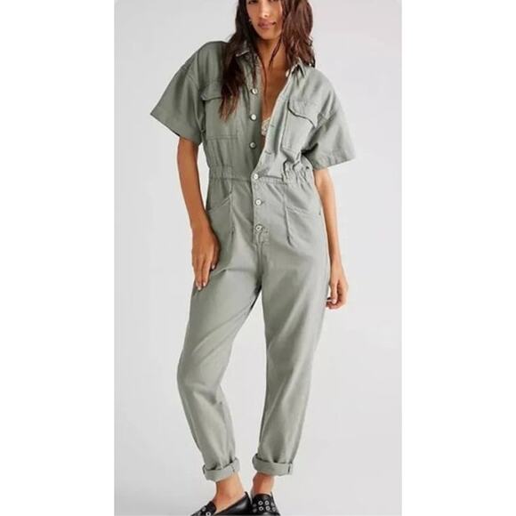 Free People We The Free Marci Short Sleeve Coveralls Jumpsuit M Green Cotton - Picture 1 of 12